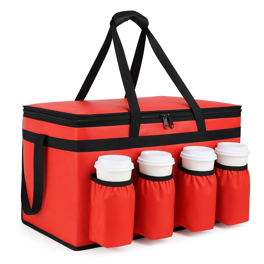 CIVJET Insulated Food Delivery Bag with 4 Cup Holders, XXX-Large Insulated Grocery Bags Keep Food Hot/ Cold, Cooler Bags with Drink Carrier, Food Carrier Catering Bag, Commercial Food Warmers, Red