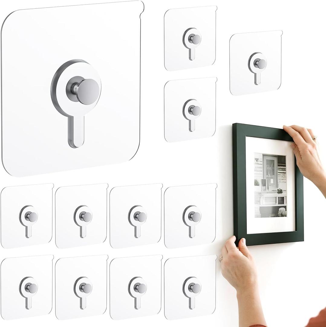 12 Pcs Picture Hangers without Nails, 20 Ibs Load Heavy Duty Self Picture Hanging Hooks for Hanging, Waterproof Adhesive Picture Hooks for Bathroom Kitchen, Transparent Sticky Hooks for Frames
