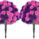 BLOSMON Fake Outdoor Mums Flowers with Stakes, Set of 2, Pink Purple