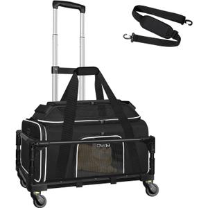 Petskd Top-Expandable Small Pet Carrier with Wheels (17" L x 12" W x 8.5" H), JetBlue/Allegiant/Spirit Airlines Approved, Rolling Pet Carrier for Small Dogs & Cats (Black)
