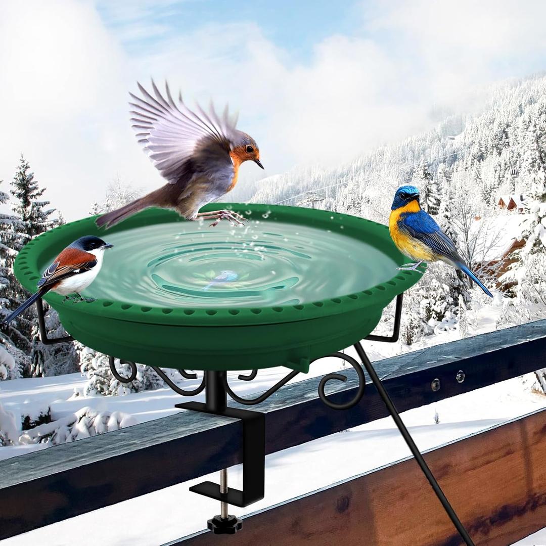Lovppy Heated Bird Bath for Deck Railing, 100W Thermostatically Controlled Heated Bird Baths for Outdoors Bird Bath Heater, Heated Birdbath for Outside Winter Garden Patio Yard(Green)