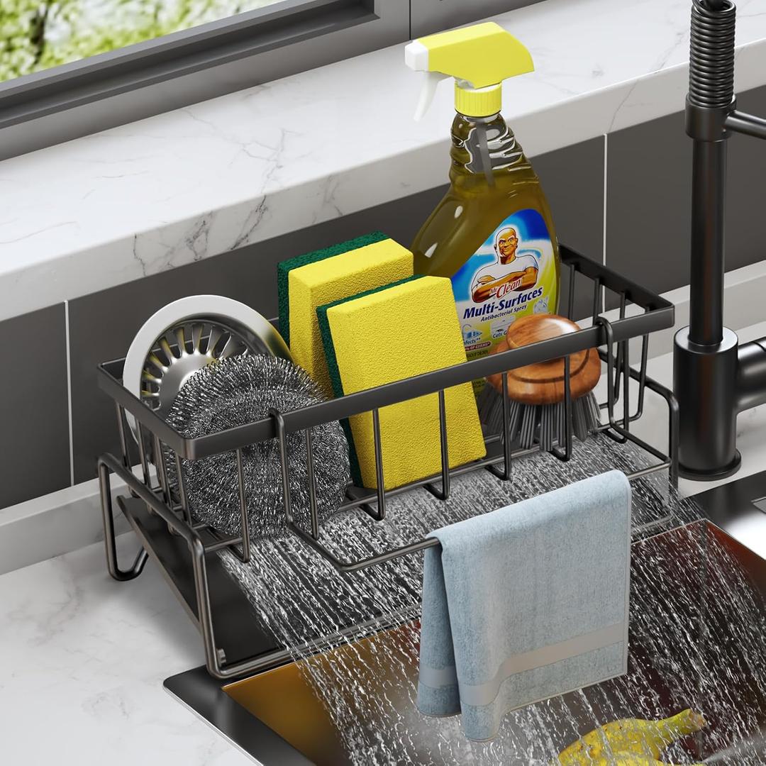 Kitchen Sink Caddy, Sponge Holder for Kitchen, Soap Dish Holder for Countertop, with Dishcloth Hanger Drying Rack, Rustproof 304 Stainless Gadgets Sink Accessories (Black)