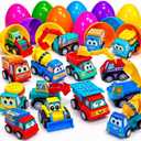 stargo 16 Pack Colorful Prefilled Easter Eggs bulk with toys - Mini Car set Construction Engineering Vehicles pull-back cars. Plastic Easter Eggs Filled, Basket Fillers, Party Favors, Boys Goodie Bags