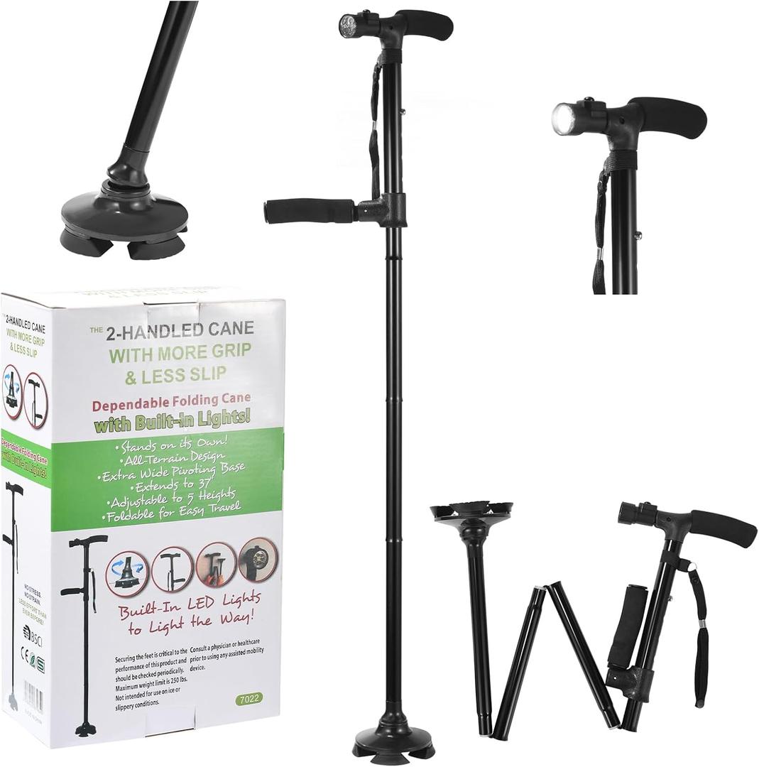 Walking Cane with Led Light, Adjustable Folding Canes for Women and Men, Walking Stick for Elderly with Cushion Handle and Pivoting Quad Base for Hiking Mountain Climbing Backpacker
