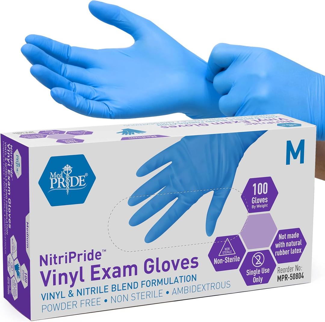 MED PRIDE Disposable Powder Free Non Latex Single Use Medical Exam Gloves, Nitrile Vinyl Blend for Cleaning and Food Handling