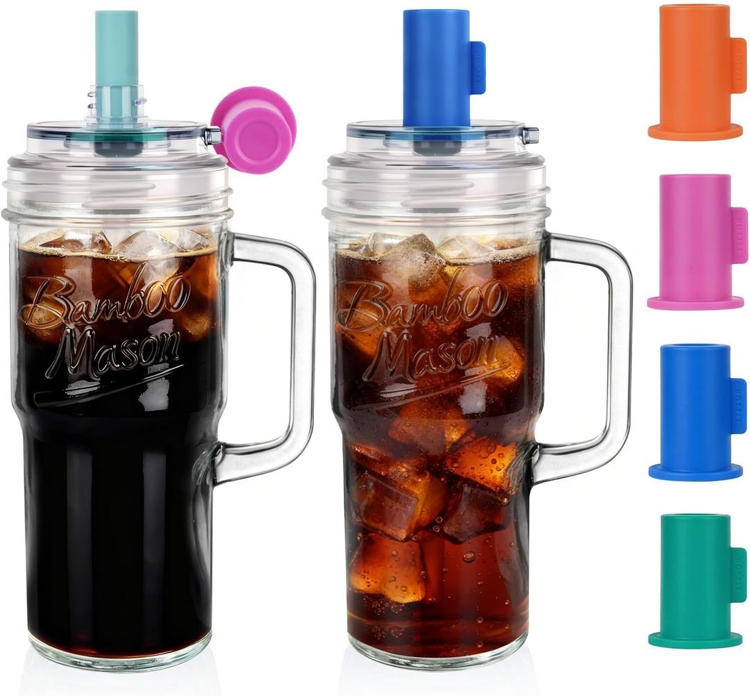 ANOTION Bamboo Mason Leakproof Mason Jar Cups with Lids and Straws, Cap Cup 24oz Glass Tumbler with Handle, Rotating Lid Silicone Straw, Reusable Iced Coffee Matcha Cup Coffee Gifts for Women 2pc