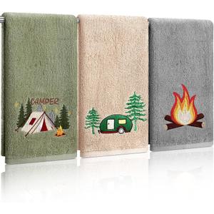 SmoothNovelty 3 Pcs Camping Hand Towels for Bathroom 100% Cotton Decorative Embroidered RV Hand Towels Farmhouse Campers Bathroom Decor 14 x 29 Inch Rustic Vintage Gifts for Camping RV Kitchen