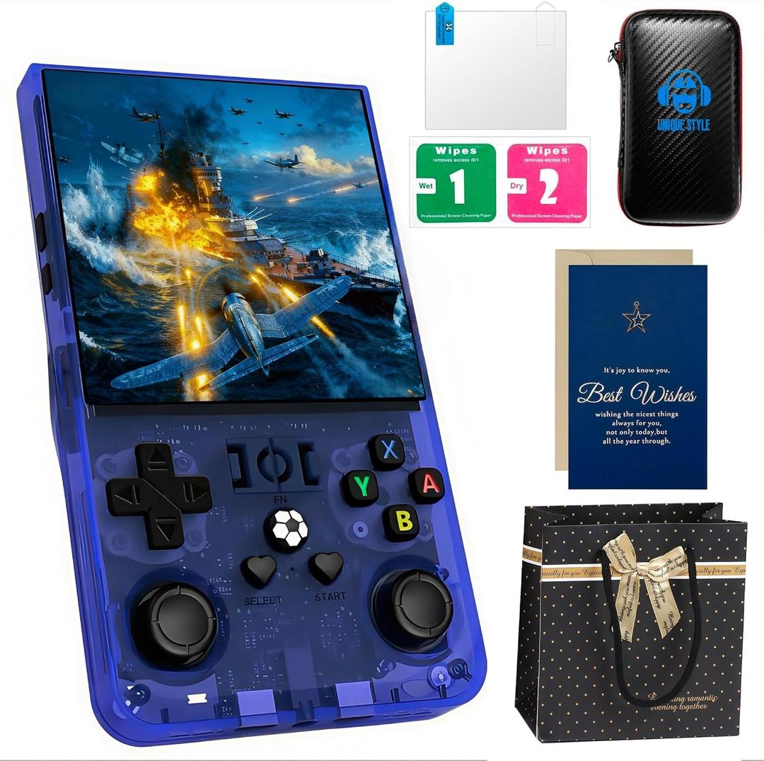 R36MAX Retro Game Console with Christmas Card & Gift Bag | 4 Inch IPS Screen, 21000+ Pre-Installed Games, 20+ Emulators, Portable Linux System (Blue Gift Set)