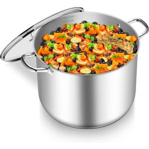 TeamFar Stainless Steel Stock Pot, 24QT Large Stockpot Tri-ply Bottom Cooking Soup Pot with Glass Lid, for Induction Gas Glass Stovetops, Non Toxic & Heavy Duty, Large Size & Easy Clean