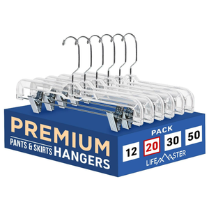 Clear Plastic Hangers - 20 Pieces 14 Inches Anti-Slip Space-Saving, Closet Organization Solution - Pants, Trousers, Skirts, Jeans Hangers with 360° Swivel Hook and Adjustable Clips - Clear
