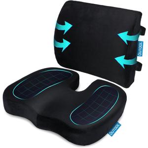 QUTOOL Orthopedic Seat Cushion and Lumbar Support Pillow for Office Chair & Car, Memory Foam with Washable Cover Ergonomic Desk Chair Cushion for Tailbone, Lower Back Pain, Sciatica Relief (Black Seat Cushion & Lumbar Support Pillow)