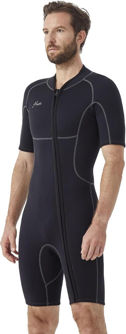 Hevto Men Shorty Wetsuits 3/ 2mm Neoprene Front Zip Short Wet Suit for Surfing Swimming SUP Snorkeling Diving (M2S-Black, 3XL)