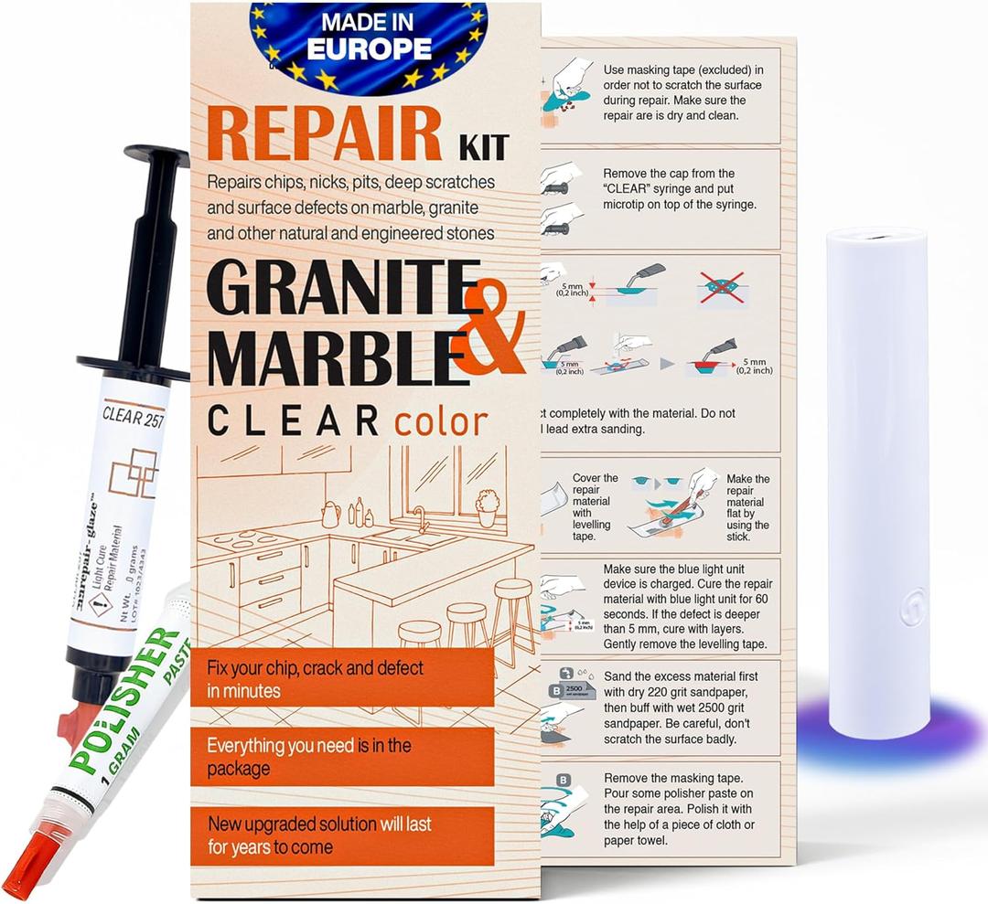 Kit de reparacin de encimera de mrmol, granito y cuarzo (transparente) - Soluciona tus defectos como un profesional I adecuado para la mayora de las reparaciones. Arreglo chips rotos en minutos