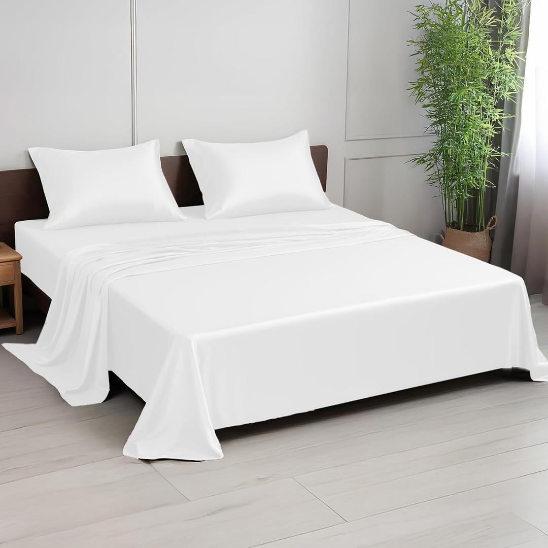 Linenwalas King Size Sheets Set, Rayon derived from Bamboo 4 Piece Bed Sheet Set, Cooling Silky Sheets, Soft, Moisture Wicking, 16 Deep Pocket Sheets (White, King)