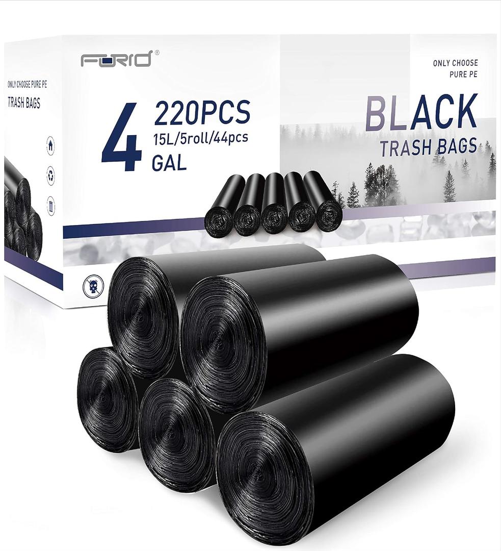 FORID Small Black Bags, 4 Gallon Garbage Bags, 220 Counts Strong Plastic Can Liners 15 Liter for Kitchen Bathroom Office Waste Basket - Durable & Thick Bag