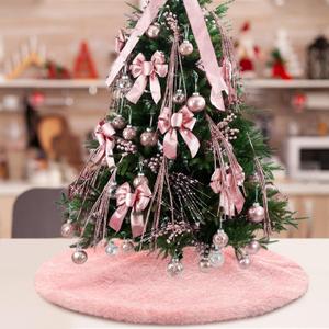 Pink Plush Christmas Tree Skirt 24 Inches Small Faux Fur Xmas Tree Skirt Base Cover Mat with Shiny Streamers for Christmas Tree Holiday Home Party Decorations - 60cm