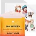 HTVRONT Printable Vinyl Sticker Paper, 100 Sheets Glossy Waterproof Sticker Paper For Inkjet Printer Dries Quickly-Standard Letter Size 8.5"X11"