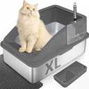 Cat Litter Box Stainless Steel Enclosure, Comfortable Space for Large Cats and Kittens, Easy to Clean Smooth Surface, Durable Metal Build with Cover, Litter Pad, Footboard and Shovel (Dark Gray)