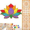 Weekgrat 11.8 Inch Diwali Rangoli Mats Mandala Sand Art Set Include 4 Pcs 6" Painting Stencils Wooden Coloring Mat Stencils for Diwali Rangoli Festivals Home Decor(Gold, Lotus)