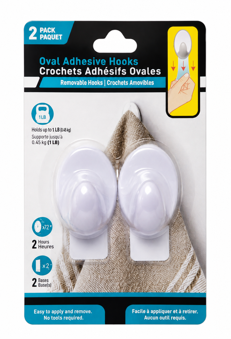 Oval Adhesive Hooks, 2 Pack, White