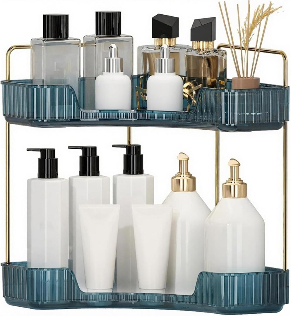 Corner Bathroom Countertop Organizer, Vanity Organizer Trays for Counter, Makeup Organizers, Perfume Tray, Skincare Shelf Storage Gifts for Women Girl Student (Blue, 2 Tiers) (13.6" x 10.1" x 11.6")
