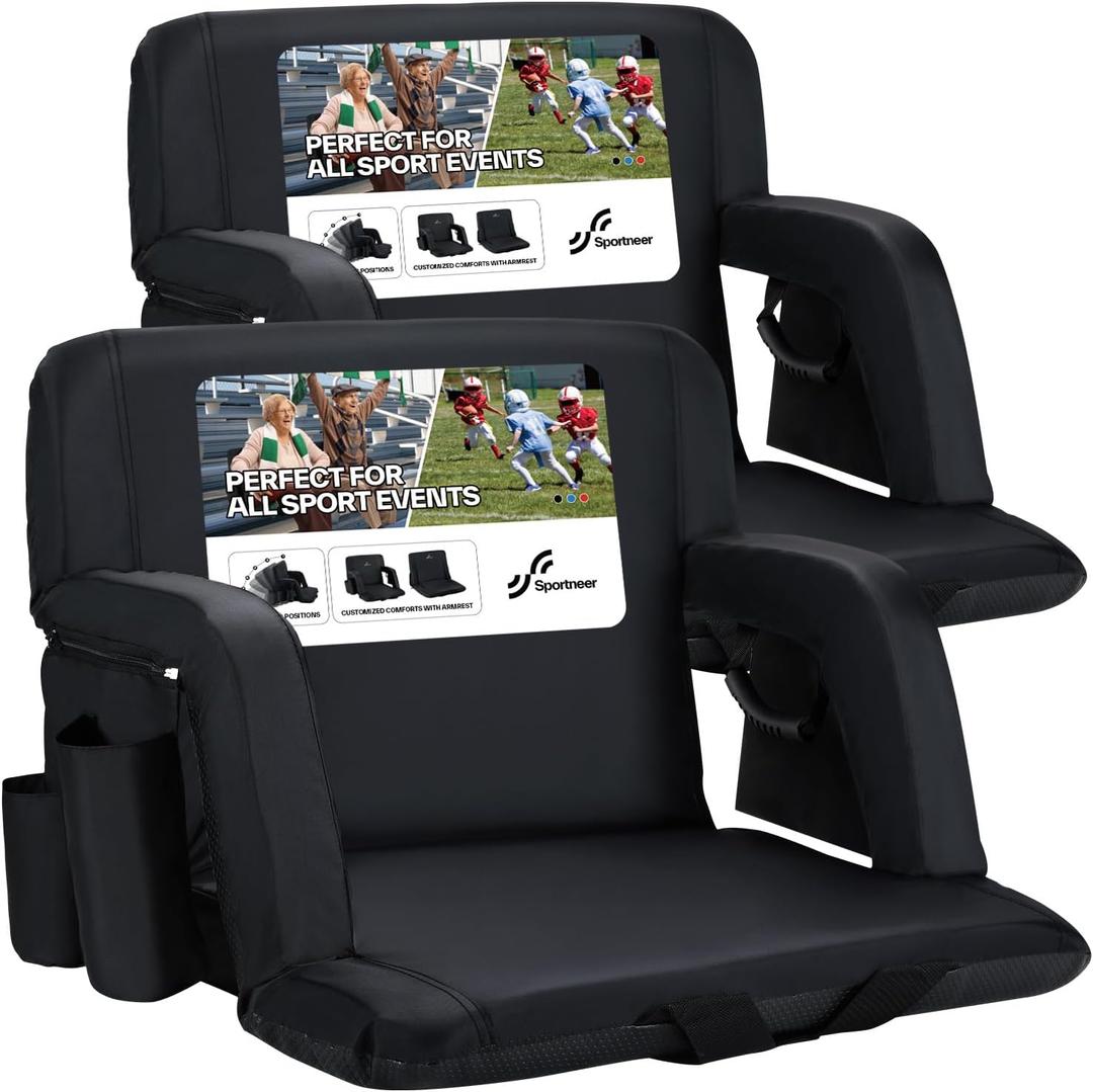 Sportneer Stadium Seats with Back Support: 2.5'' Thick Comfy Cushion 6 Adjustable Angle Bleacher Seat with Armrest - 2 Large Pockets, 2 Cup Holders Stadium Chair for Sport Events Concerts Parks, Black, 2 Pack, Non-Heated, Extra Wide - 24" 