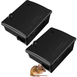 Qualirey 2 Pack Rat Bait Stations Large Rodent with Key Reusable Mouse Stations Mice Blocks Heavy Duty Boxes for Outdoor Rodents Mice Blocks, Bait Not Included, Black (8.66 x 7.5 x 3.9 Inches) (Stylish)