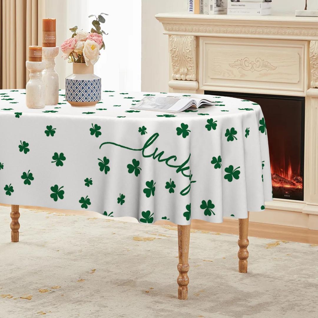 Horaldaily St. Patrick's Day Tablecloth 60 x 84 Inch Oval Irish Clover | White Shamrock Seasonal Washable Table Cover for Party Picnic Dinner Decor
