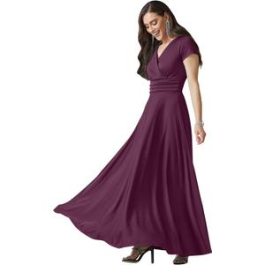 KOH KOH Womens Sexy Cap Short Sleeve V-Neck Flowy Cocktail Gown (Medium, Plum Dark Purple)