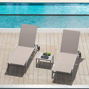 Domi Chaise Lounge Outdoor Set of 3, Lounge Chairs for Outside with Wheels, Outdoor Lounge Chaise with 5 Adjustable Position, Pool Lounge Chairs for Patio, Beach, Yard, Deck, Poolside, Khaki