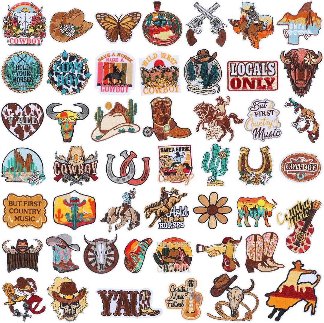 Wavwavw 50 Pcs Western Cowboy Iron on Patches Retro Cowboy Cowgirls Embroidered Patch for Sew on Costume Hat Clothes DIY