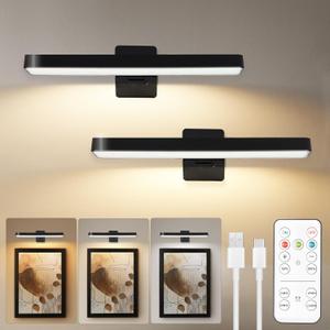 2 Pack Picture Lights for Wall, Rechargeable Wall Lights Battery Operated with Remote, 3 Color Temps, Dimmable, Timer, Wireless Art Light for Painting Gallery Frame Artwork Dartboard, Black