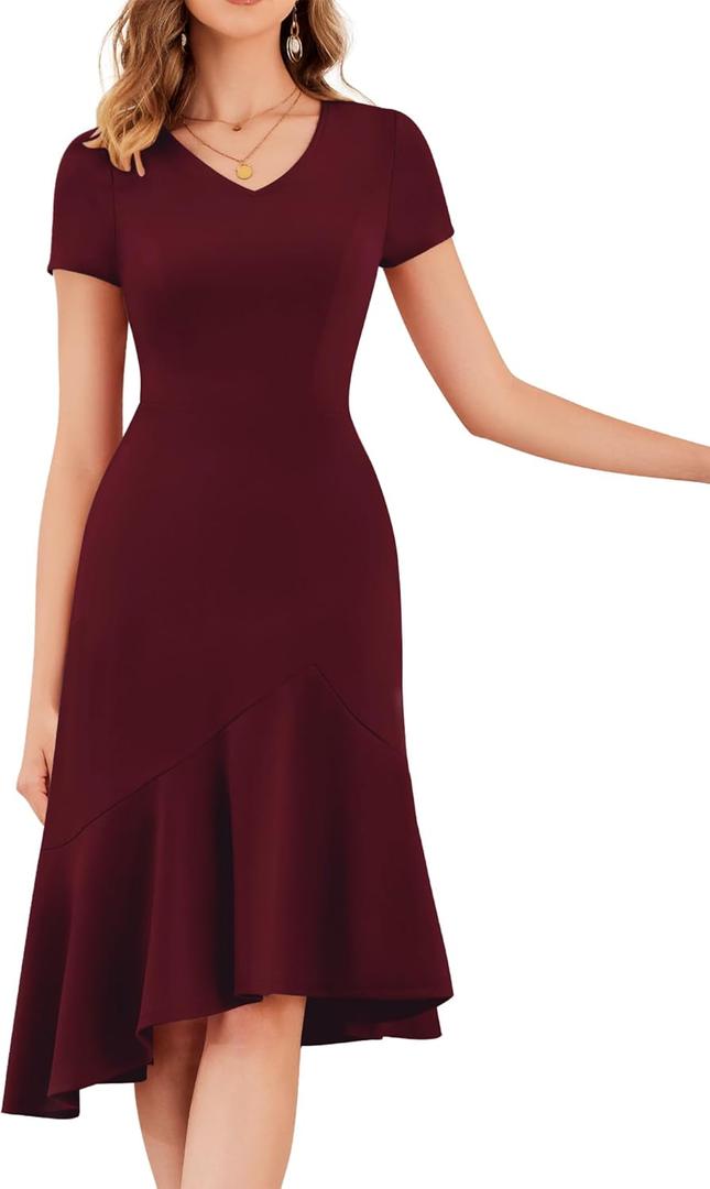 Dressystar Womens Summer V Neck Short Sleeves Dress 2025 Wedding Guest Ruffle Hem Midi Cocktail Dresses with Pockets (X-Large, Burgundy)