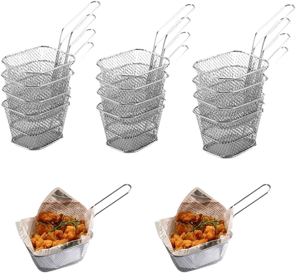 12 Pieces Fries Basket, Mini Square French Fry Chip Holder Food Snack Baskets For Serving, Stainless Steel Fry Basket with Handle Kitchen Restaurant