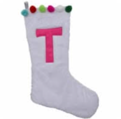 Holiday Home White Plush and Pom Poms Stocking - Monogram P