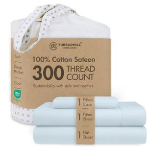 Threadmill Cotton Twin Sheet Set | 100% Cotton Sheets for Twin Size Bed | Solid Sateen Twin Bed Sheets Set with 16 Deep Pocket | Soft Breathable 3-Piece Cooling Sheet Set | Light Blue