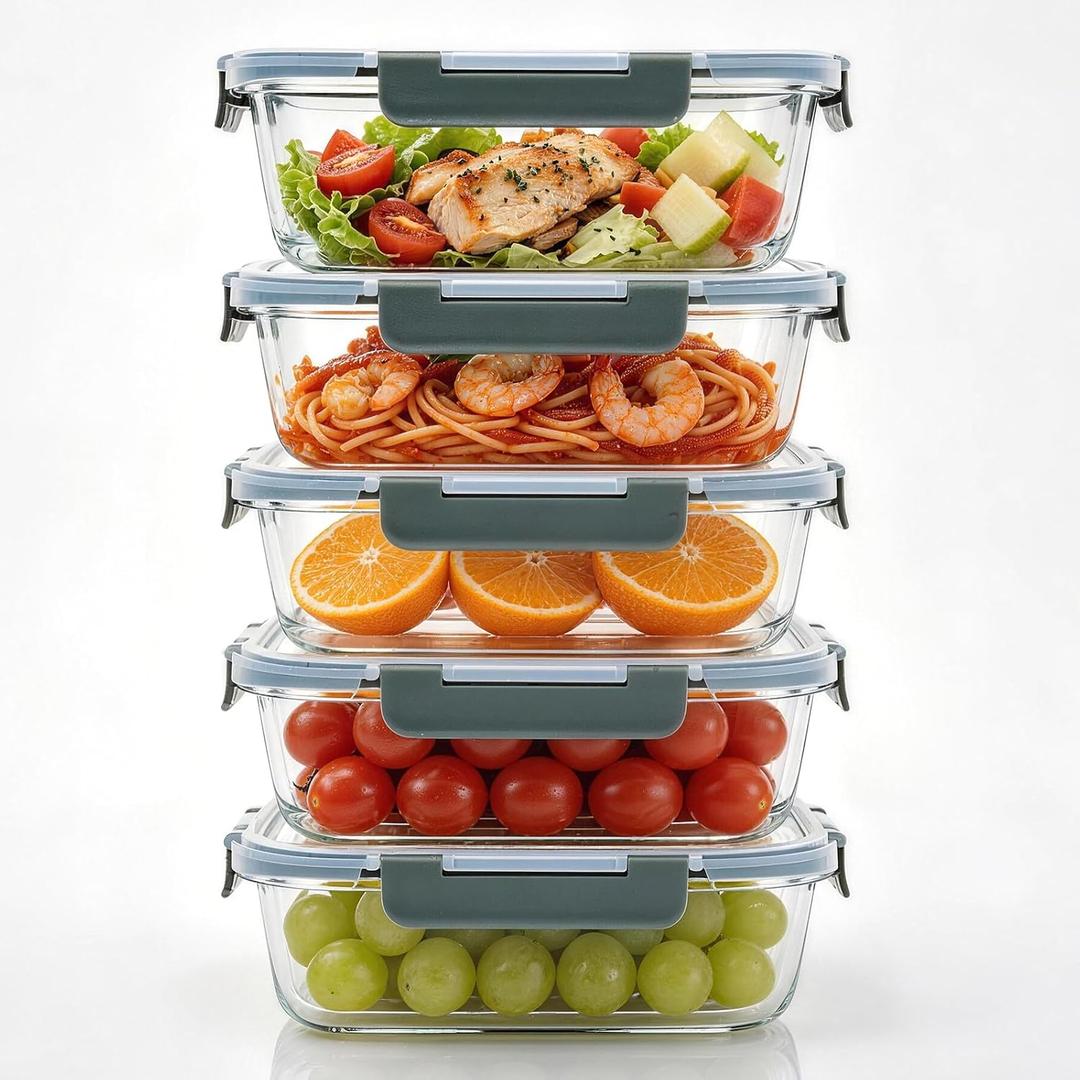 5Pack 22oz Glass Storage Containers with Lids, Grey, Compartmentalized