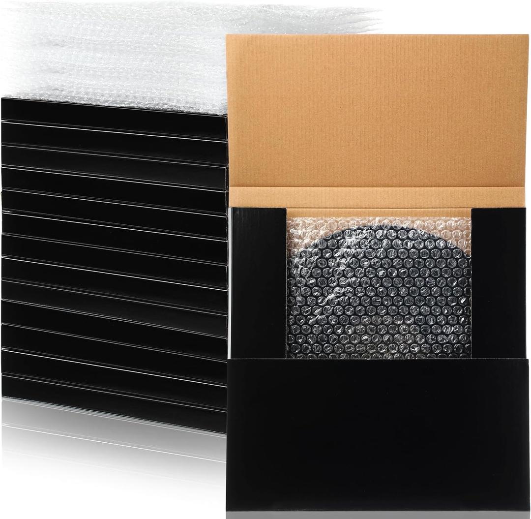 10 Sets Vinyl Record Mailers 12.6 x 12.6 x 1 Shipping Boxes Easy Fold Album Corrugated Cardboard Box with Fragile Stickers and Bubble Bags for Packing Shipping Moving Storage(Black)