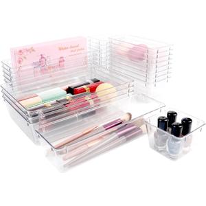 Drawer Organizer with Non-Slip Silicone Pads Set of 15,Clear Plastic Vanity Organizer Storage Bins Containers,4 Size Desk Organizer Tray