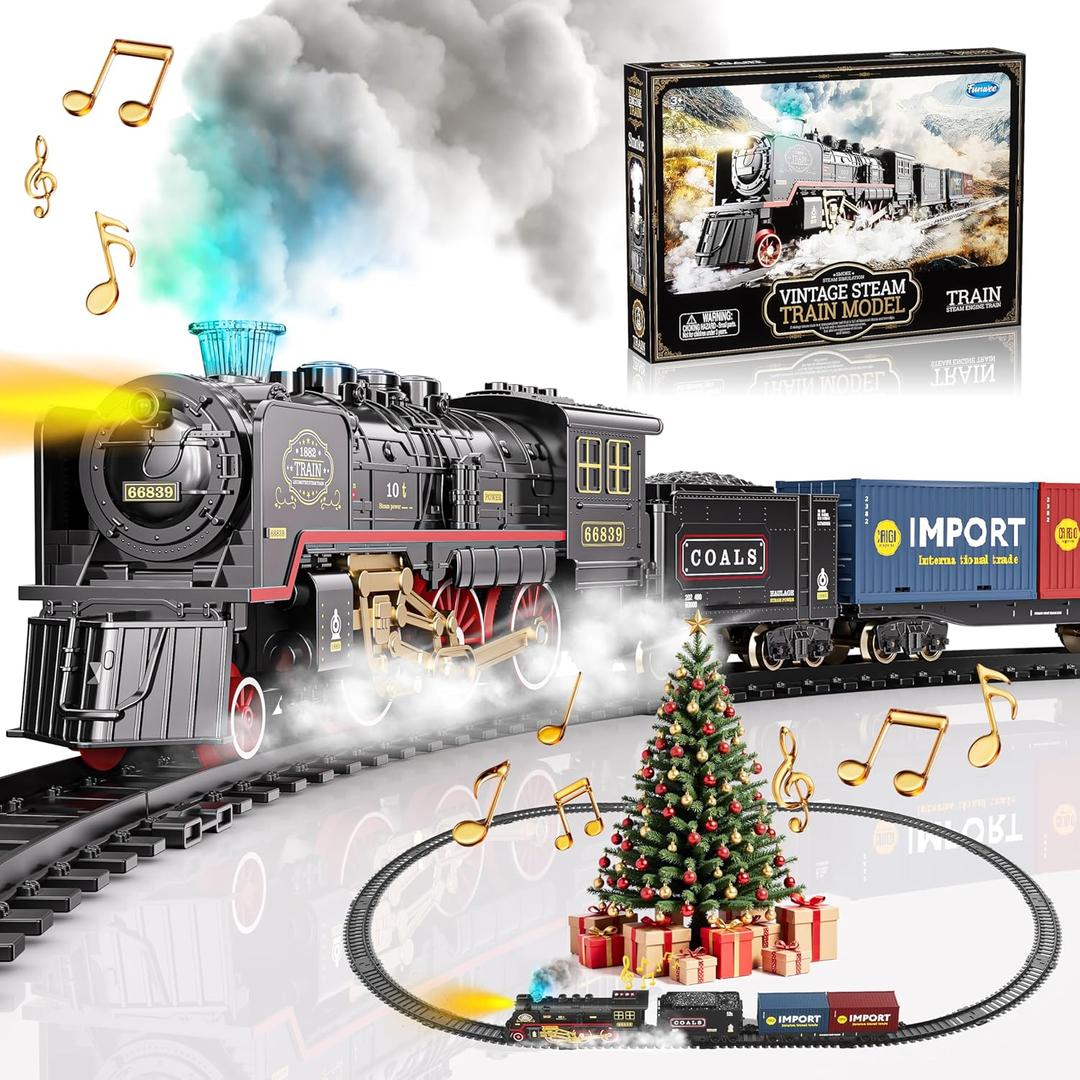 Funwee Train Set for Under Christmas Tree,Electric Train Toy with Smokes,Lights and Sound, Locomotive Train Model with Track,Birthday Gifts Idea for 3 4 5 6 7+ Years Old Toddler Boys and Girls
