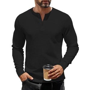 TAFLE Men's Henley Shirts Long Sleeve Casual Waffle T-Shirts Button Pullover Sweaters Tee Shirt Black 2XL