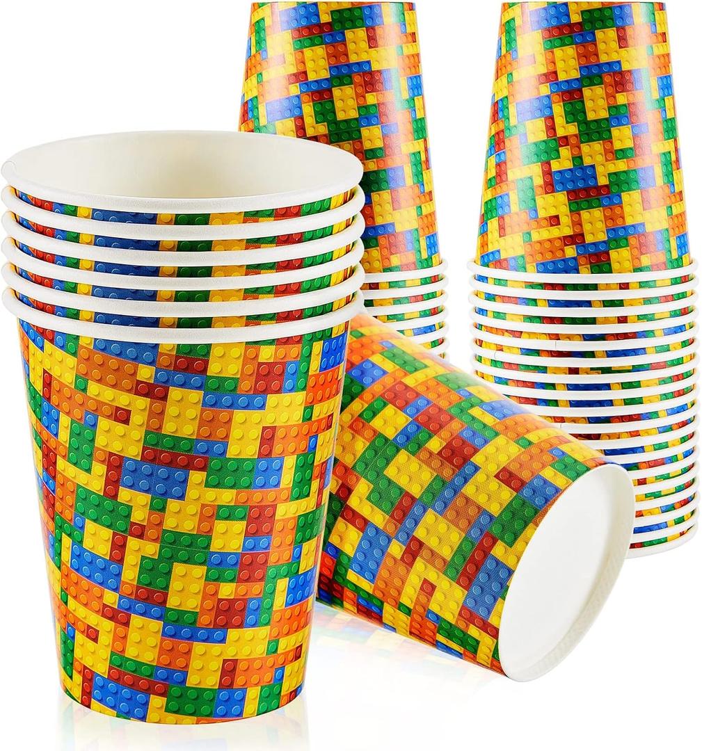 Cunhill 36 Pcs 9 oz Party Paper Cups Party Supplies Disposable Paper Drinking Cups for Birthday Decorations Sport Picnics(Building Block)