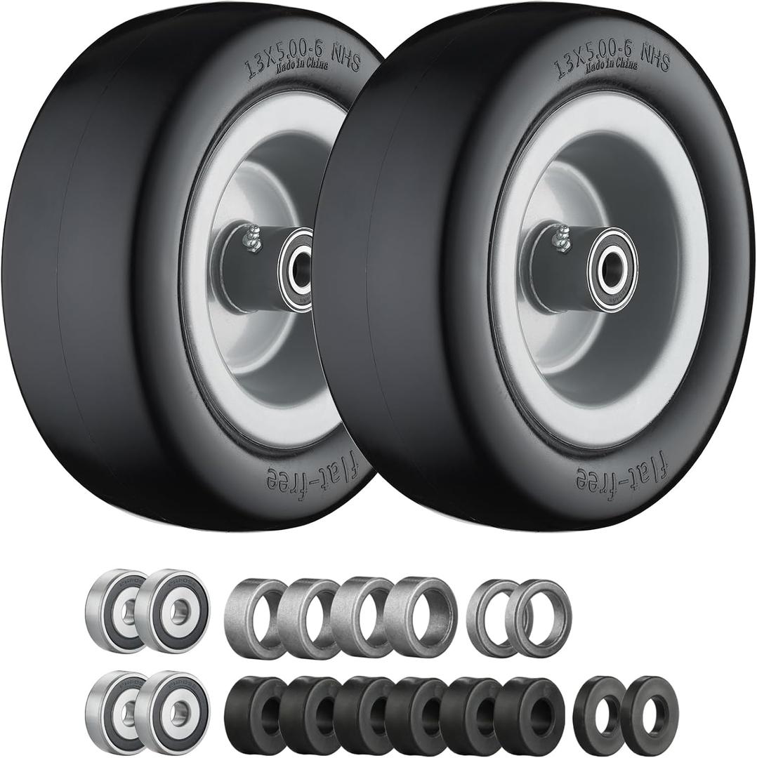 13x5.00-6 Flat Free Tire and Wheel Zero Turn Mower Front Tires Gray Rim with 3/4", 5/8" and 1/2" Bearings, 4.2"-7.3" Centered Hub, Compatible with Lawn Mower Garden Tractor Gray- 2Pack