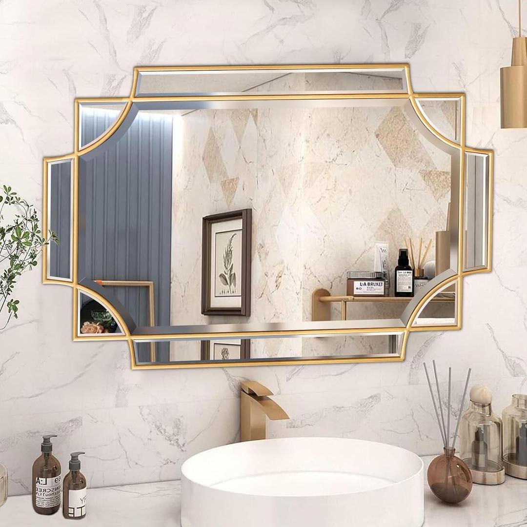 Gold Bathroom Mirror for Wall, 30"x40" Rectangle Vanity Mirror, Polished Beveled Modern Decorative Mirror for Entryway, Living Room, Bedroom (Horizontal/Vertical)