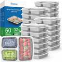 50 Pack (100-Piece) 32 oz Meal Prep Containers Reusable with Lids 3-Compartment, To Go Take Out Plastic Food Storage Containers, Sturdy Leakproof Food Safe, Microwave Freezer Dishwasher Safe, Silver