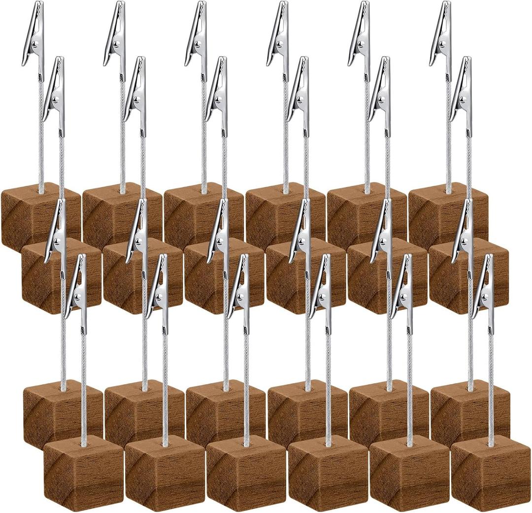 24 Pcs Cube Base Memo Clip Holder Lightweight Wood Cube with Alligator Clasp for Displaying Pictures Number Menu Name Card Wedding Party Meeting (Brown)
