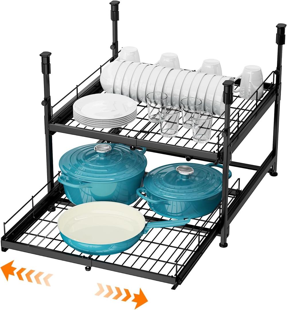 Adjustable 2-Tier Pull Out Cabinet Organizer, Expandable 13"-21" Wide, No-Drill Kitchen Cabinet Organizer for Pots and Pans, Smooth Slide-Out Shelves for Under Cabinet Storage  21" Deep, Black