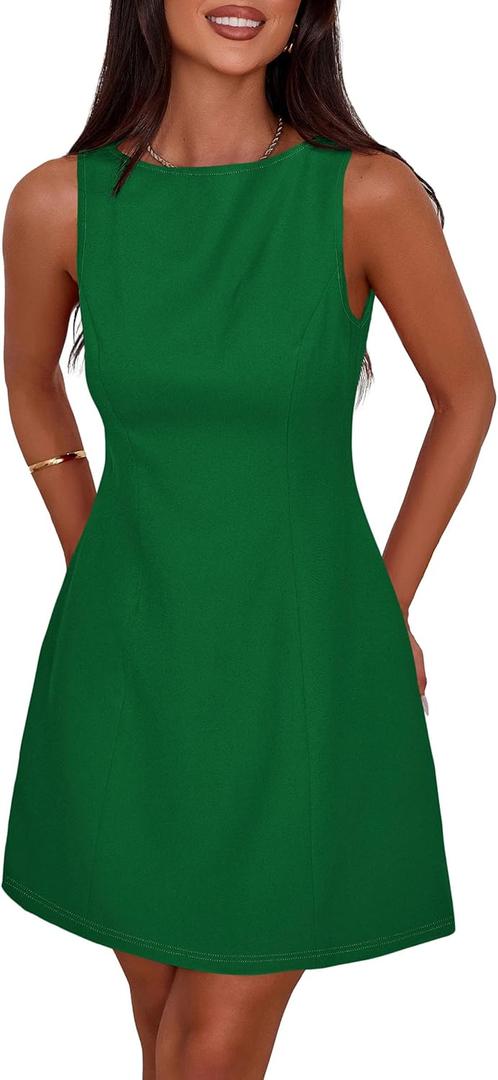 PRETTYGARDEN Womens Formal Short Dresses 2026 Summer Sleeveless Boat Neck A Line Elegant Mini Cocktail Party Dress (Green, L)