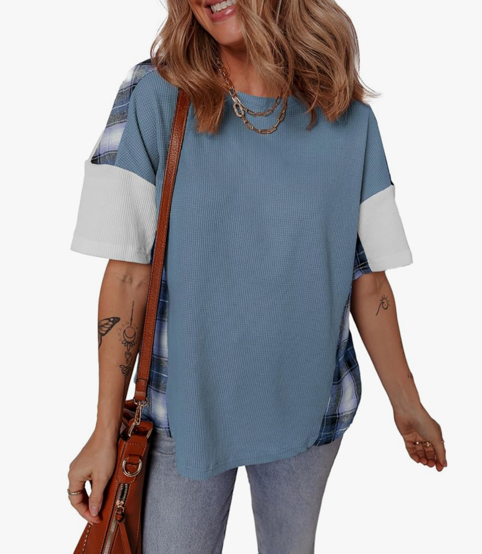 EVALESS Waffle Knit Tops for Women Trendy Crewneck Short Sleeve Shirts 2025 Summer Color Block T Shirts Loose Tee Tunic Tops 2XL