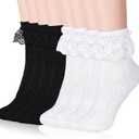 4 Pairs Ruffle Socks Women, Lace Frilly Crew Socks, Cotton Cute Princess Ankle Dress Lace Socks for Women